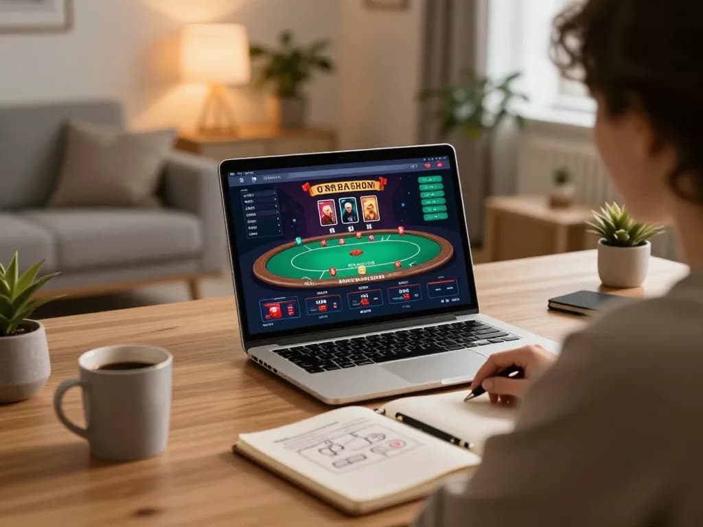 Engaging online casino scene with a player enjoying 88aa poker game on a laptop, showcasing strategic gameplay.