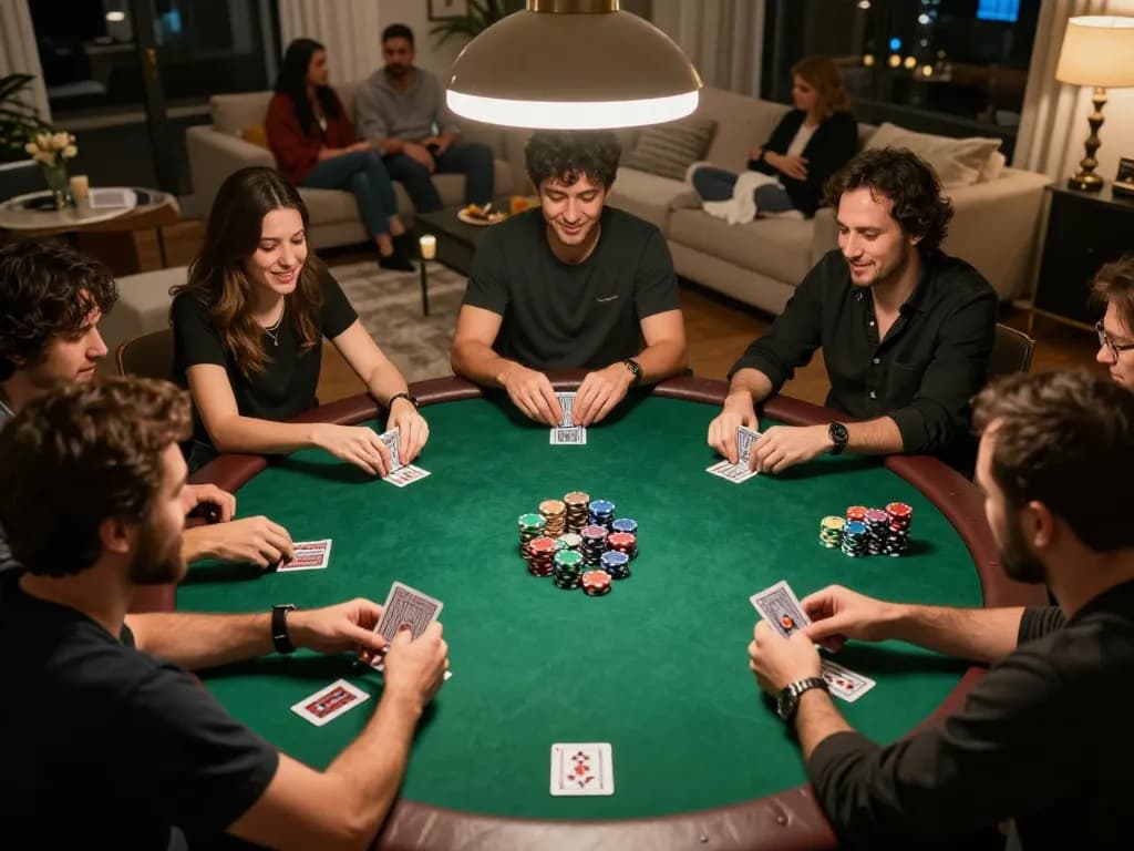 Players engaged in a thrilling home poker game showcasing strategic moves with 8xbet atmosphere