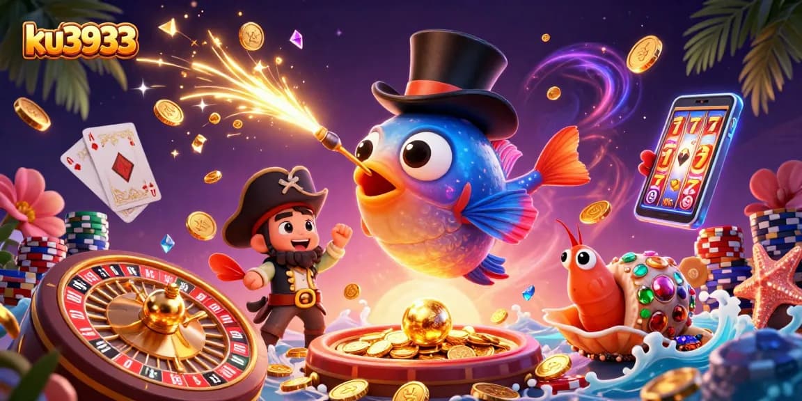 Engage with ku3933's thrilling undersea casino adventure featuring glowing gold coins and iconic game elements.