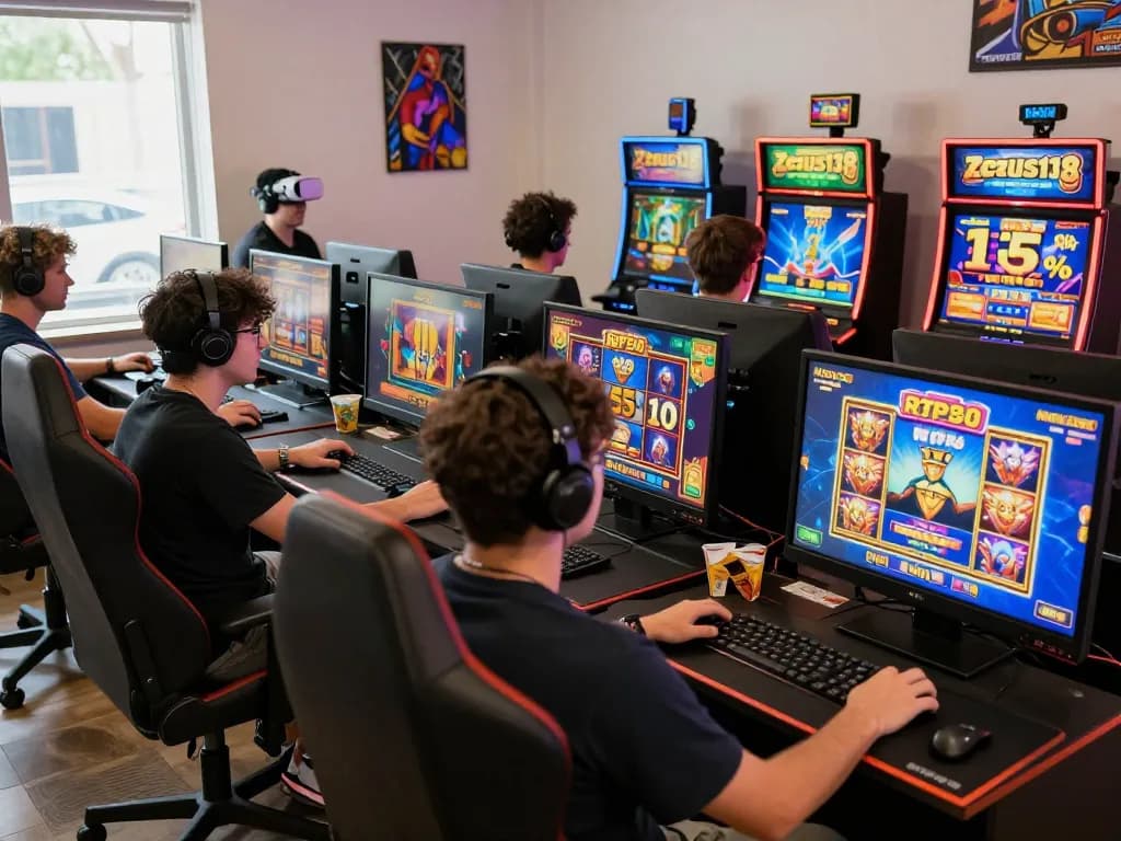 Engaged players experiencing the excitement of slot gacor on Zeus138, surrounded by vibrant game graphics and a lively gaming atmosphere.
