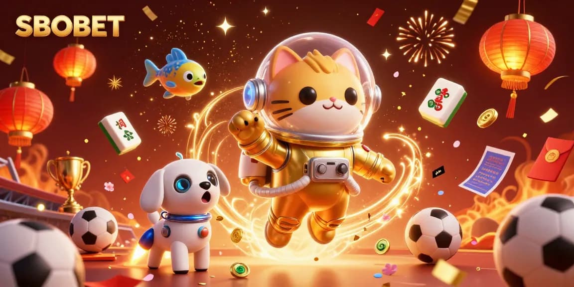 Menang besar dengan SBOBET: Astronot kucing dan teman robot dalam dunia taruhan olahraga yang ceria.