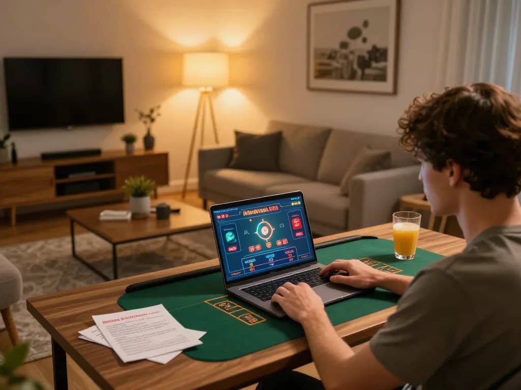 Player enjoying online casino games at home with 7-hd laptop screen showing poker interface.
