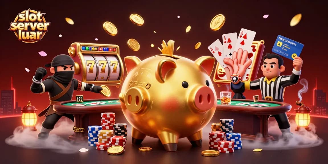 Engage with slot server luar as golden coins cascade from a sumo wrestler's stomp in this vibrant casino scene.