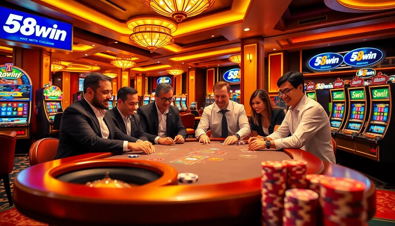 Exciting casino atmosphere with 58win branding and players enjoying poker and slots.