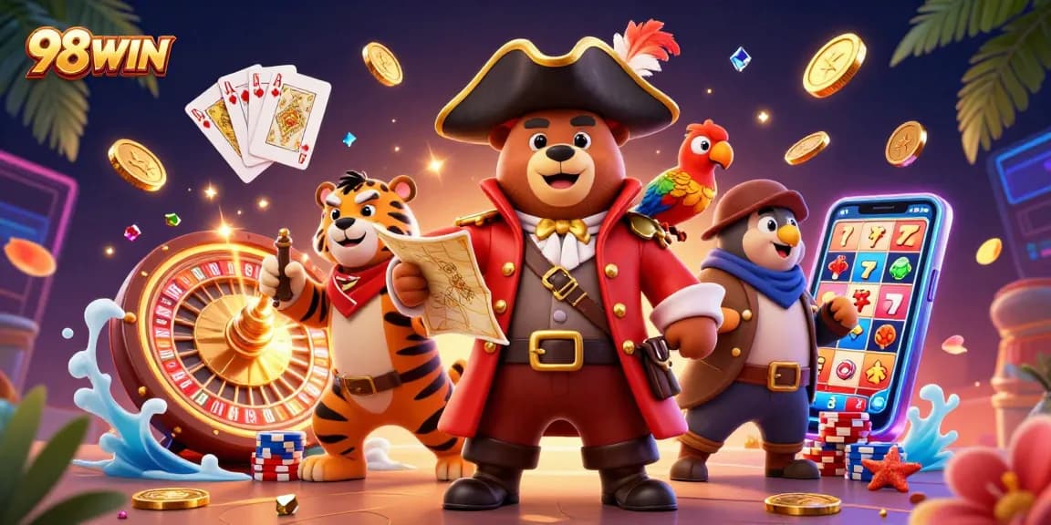 Spin to win at 98WIN with a vibrant casino scene featuring iconic gaming elements and playful characters.
