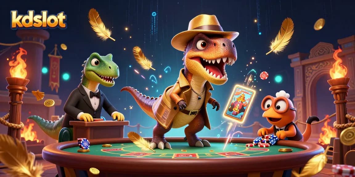 Experience thrilling gameplay at kdslot with cartoon velociraptor card counters and vibrant casino atmosphere.