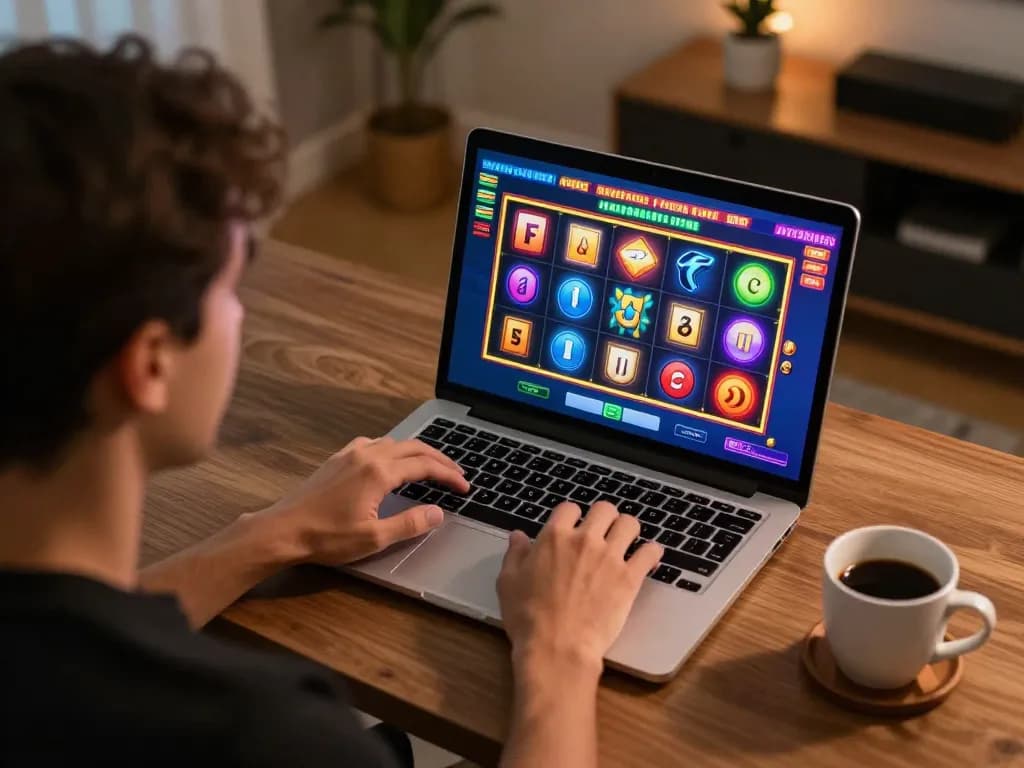 Person engaged in online slots on aman788 platform, showcasing vibrant spinning reels and focused gameplay