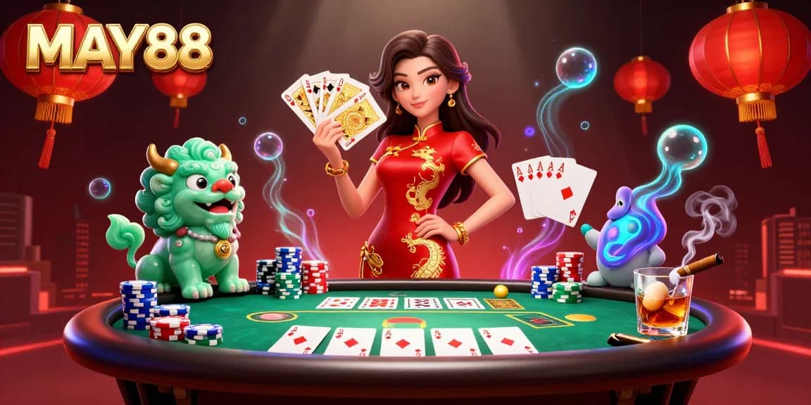 MAY88 showcases dynamic casino action with traditional Chinese influences in a vibrant scene.