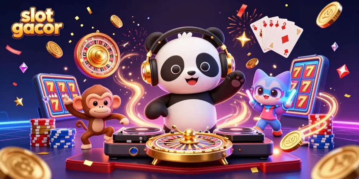 Slot gacor yang menakjubkan dengan DJ panda dan elemen kasino berkilauan.