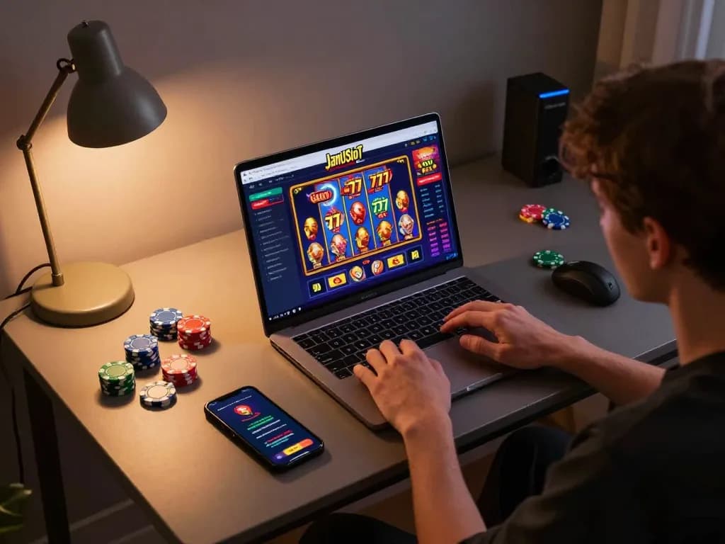 Engaging online gaming scene featuring slot gacor 777 games on a laptop with vibrant displays.