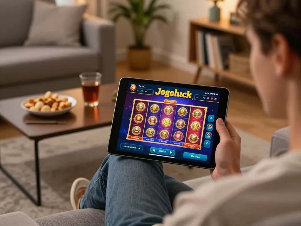 Person using the Jogoluck app to play exciting casino games on a tablet in a cozy home setting.
