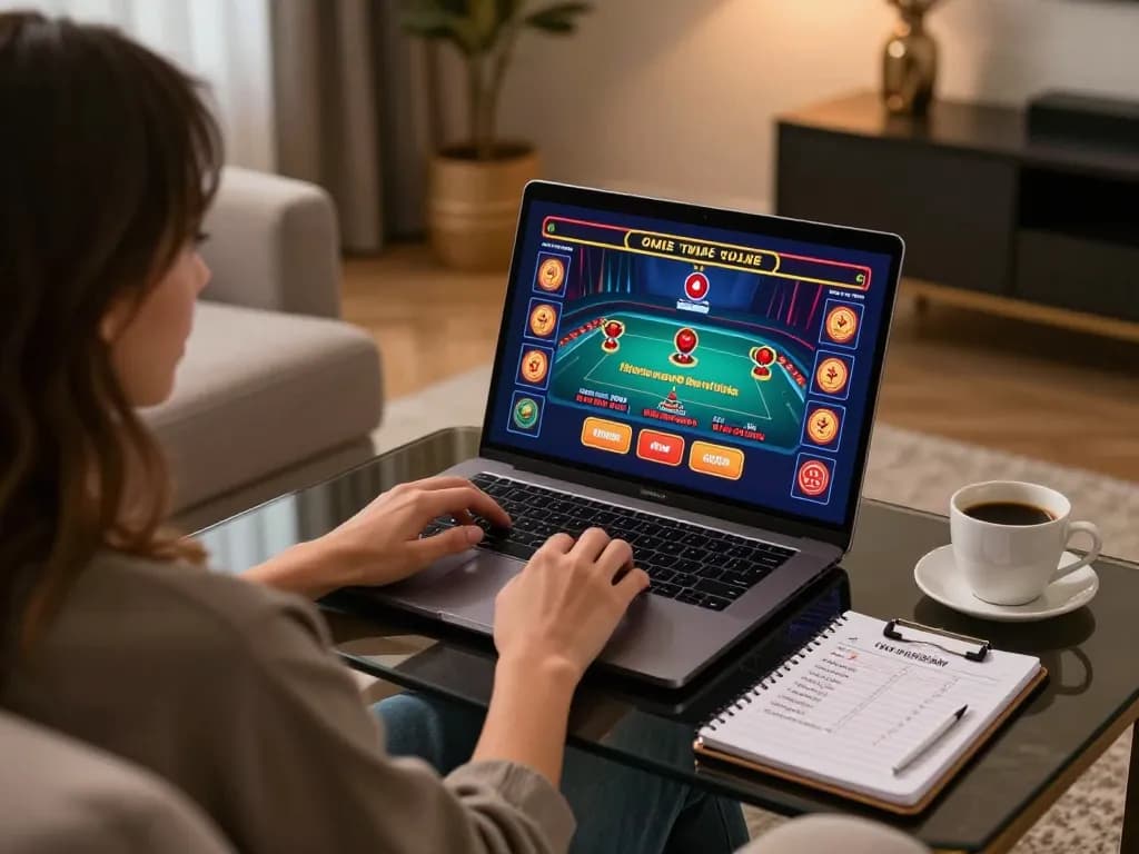 Kuwin player enjoying online gaming experience in a cozy home setup with laptop and strategy notes.