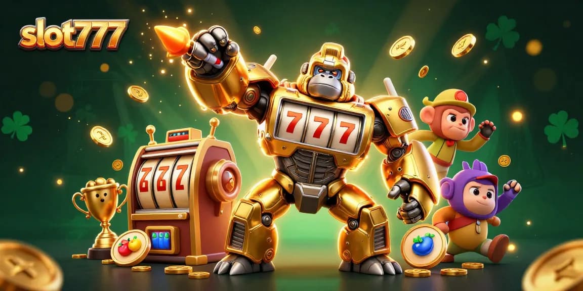 Experience the thrill of slot777 as the golden gorilla mech bursts with coins and lucky symbols!