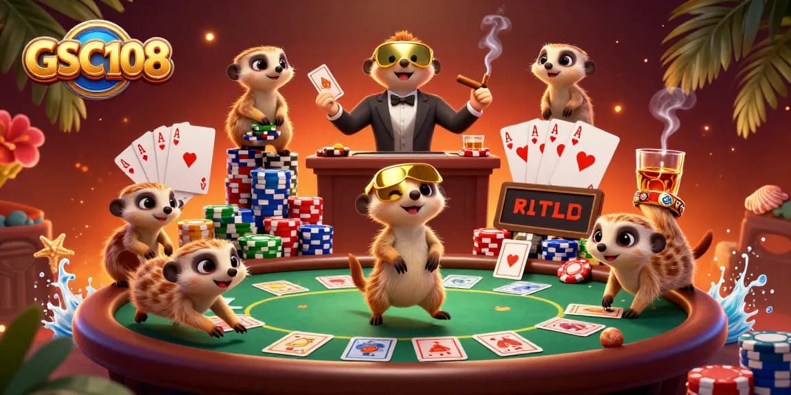 GSC108 meerkats managing a dynamic casino scene with poker elements like chips and cards.