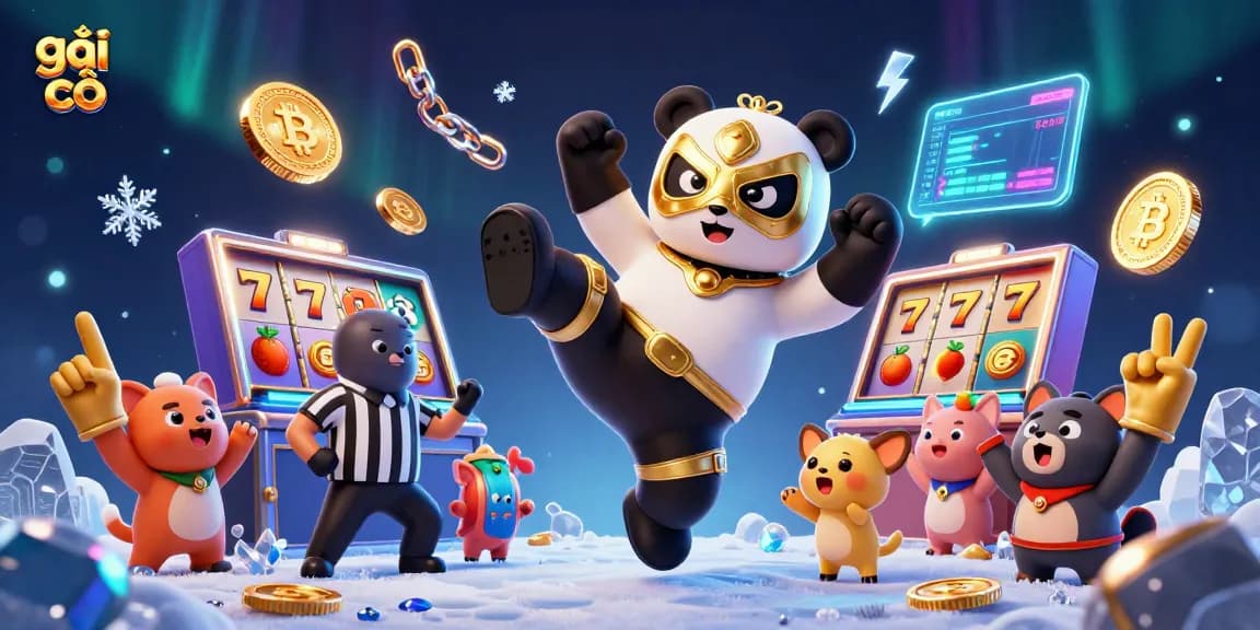 gái gọi theme showcasing vibrant casino action with a wrestler panda, crypto elements, and lively spectators