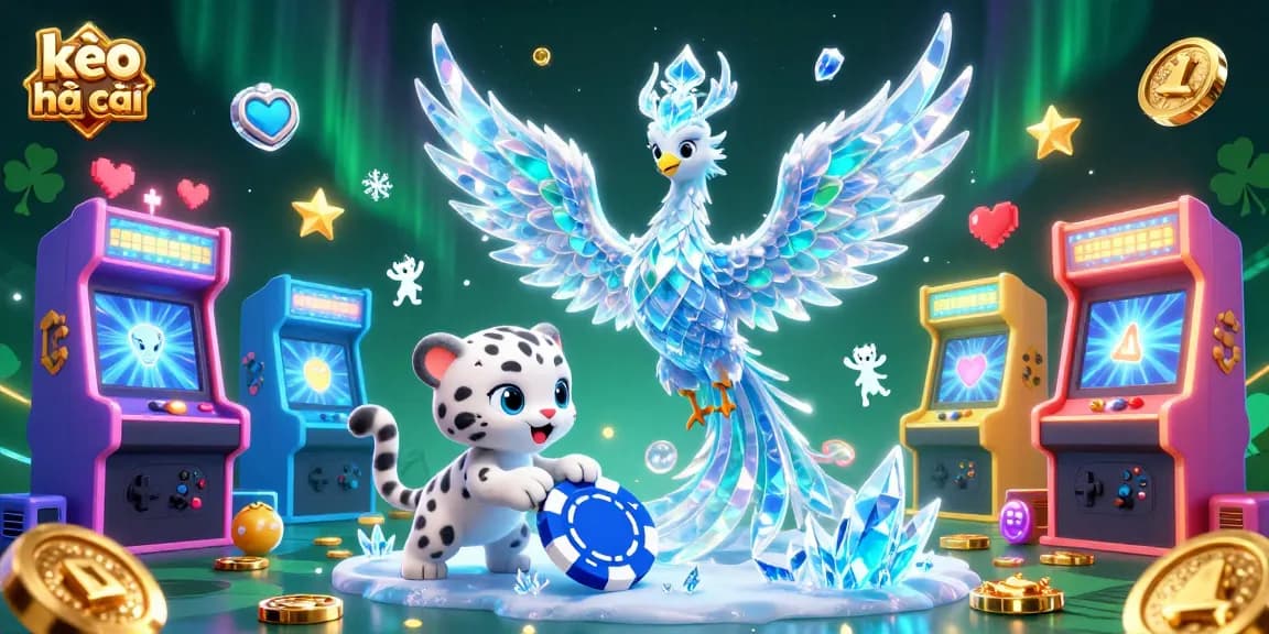 Engage with kèo nhà cái through vibrant 3D casino illustration featuring a phoenix, snow leopard, and arcade machines.