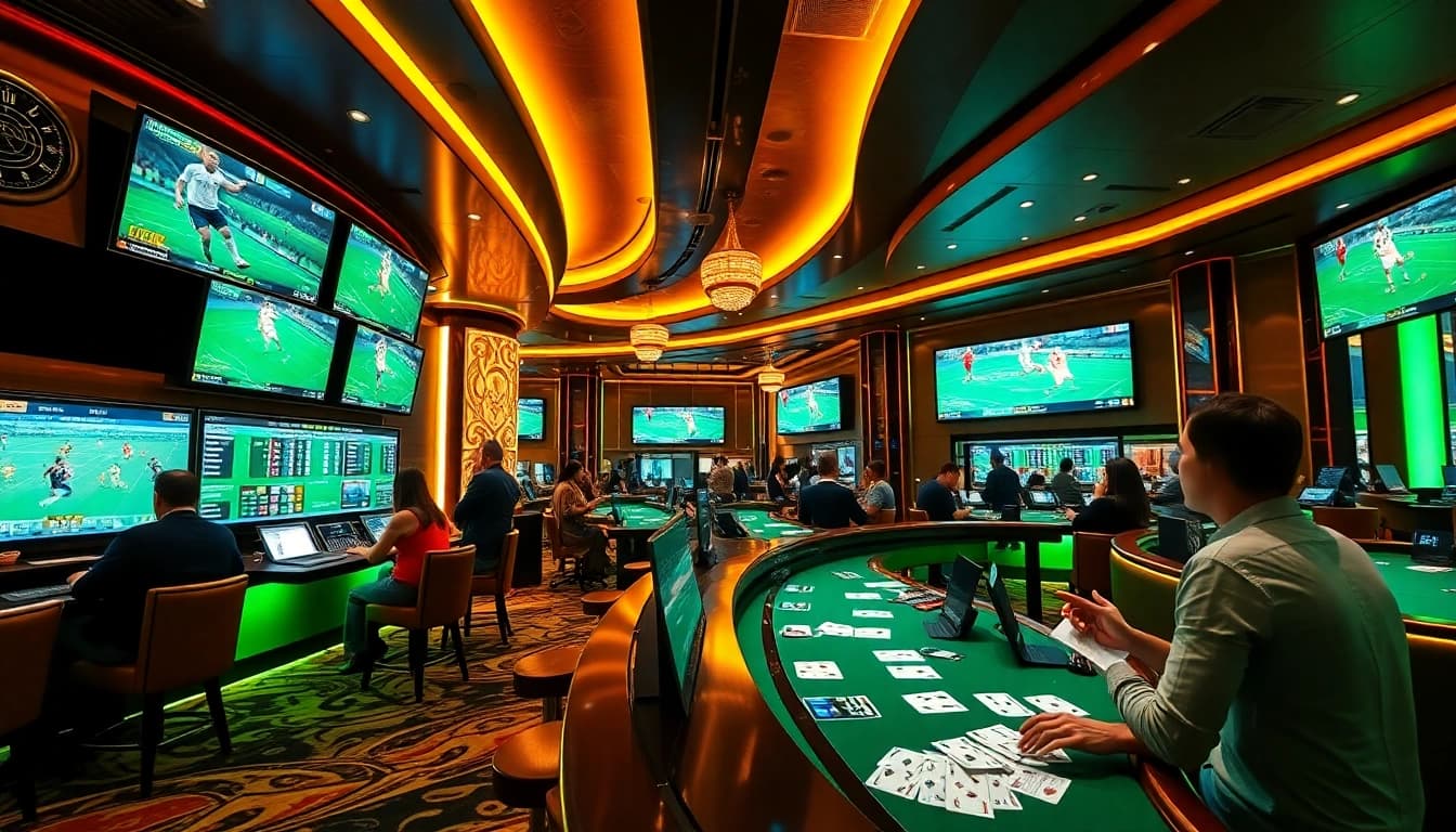 Bettors celebrating Judi Bola Piala Dunia in a luxurious sportsbook with vibrant sports betting action.