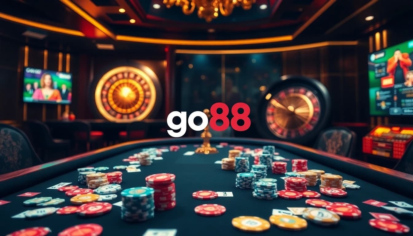 Players engage with the vibrant atmosphere of go88, featuring a luxurious casino table and roulette wheel.