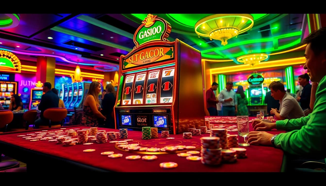 Winning at the slot gacor machine in a luxurious casino setting full of excitement.