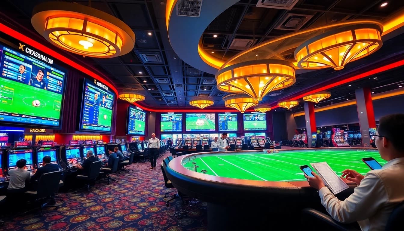 Engaged gamblers exploring Situs Judi Bola with vibrant betting visuals and digital interfaces.