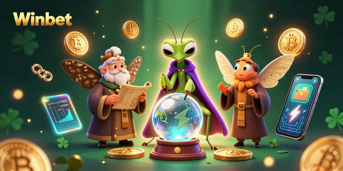 Winbet fortune teller scene showcasing a magical gambling experience with vibrant characters and crypto elements.