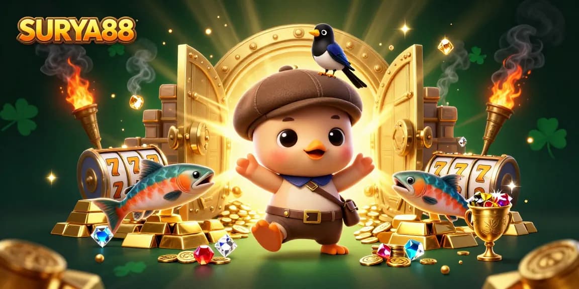 Spin into excitement at SURYA88 with playful casino characters in a vibrant treasure scene.