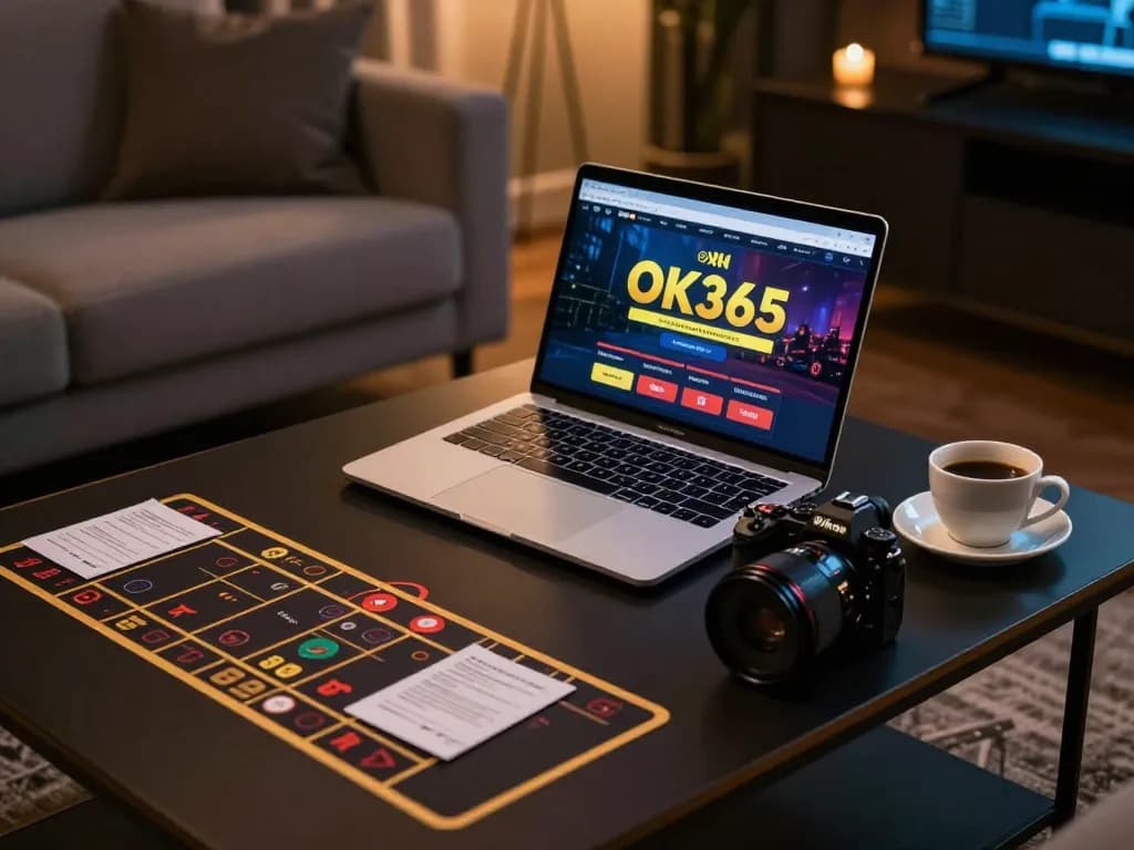 Engaging in strategic online gaming at home with OK365 app showcased on a laptop, highlighting responsible gambling.