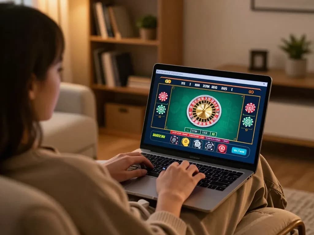 Engaging in online gambling with open88, playing roulette on a laptop in a cozy home setup.