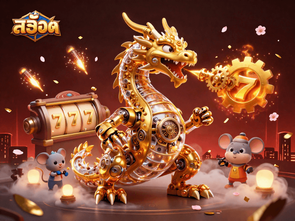 Engage with สล็อต-themed casino excitement featuring a dynamic dragon and vibrant slot game elements.