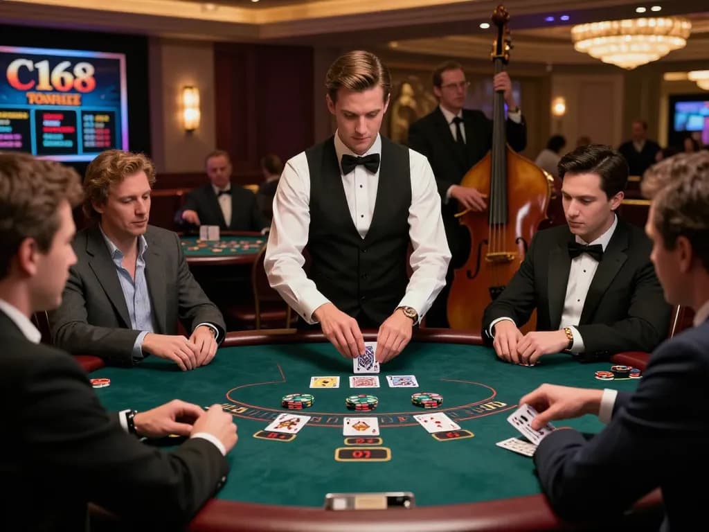 Players at the C168 blackjack table analyze their hands during an upscale casino night.