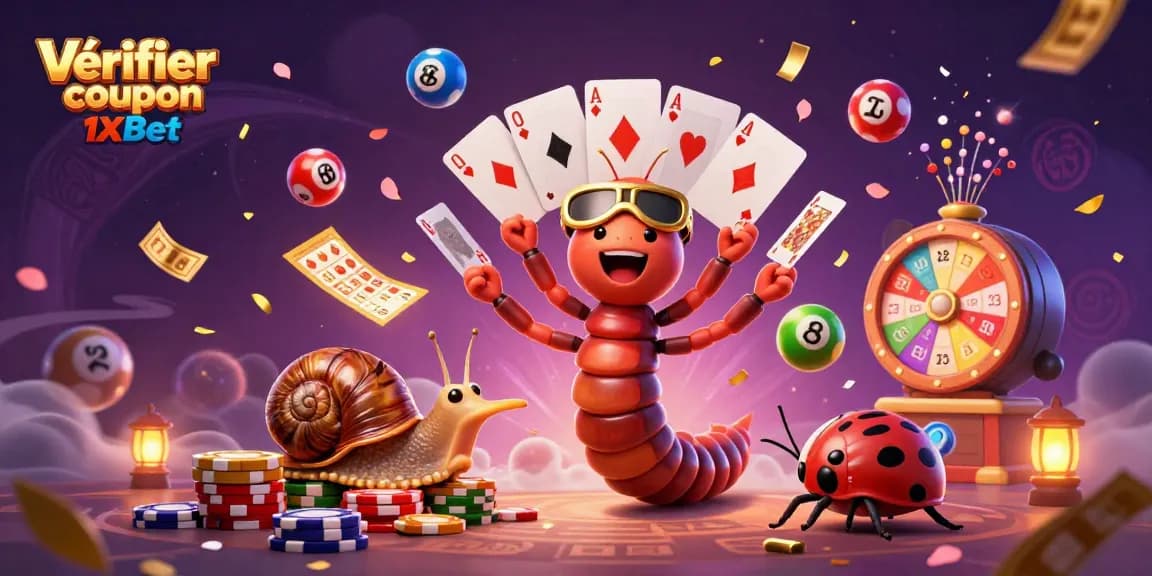 Vérifier coupon 1xbet grâce au concessionnaire multivieux animé entouré de jeux de loterie colorés.