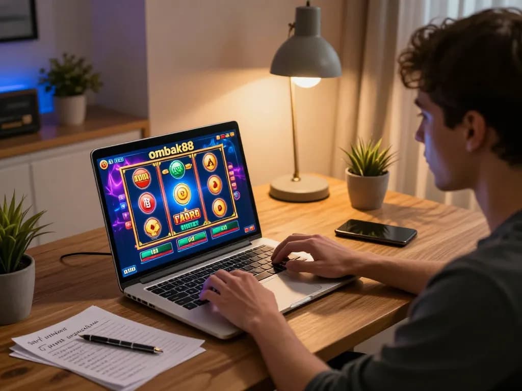 Permainan menarik di platform kasino ombak88 yang ditampilkan di layar laptop di tengah catatan taruhan strategis.