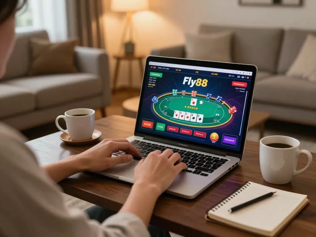 Person engaging with Fly88 online casino games on a laptop in a cozy living room.