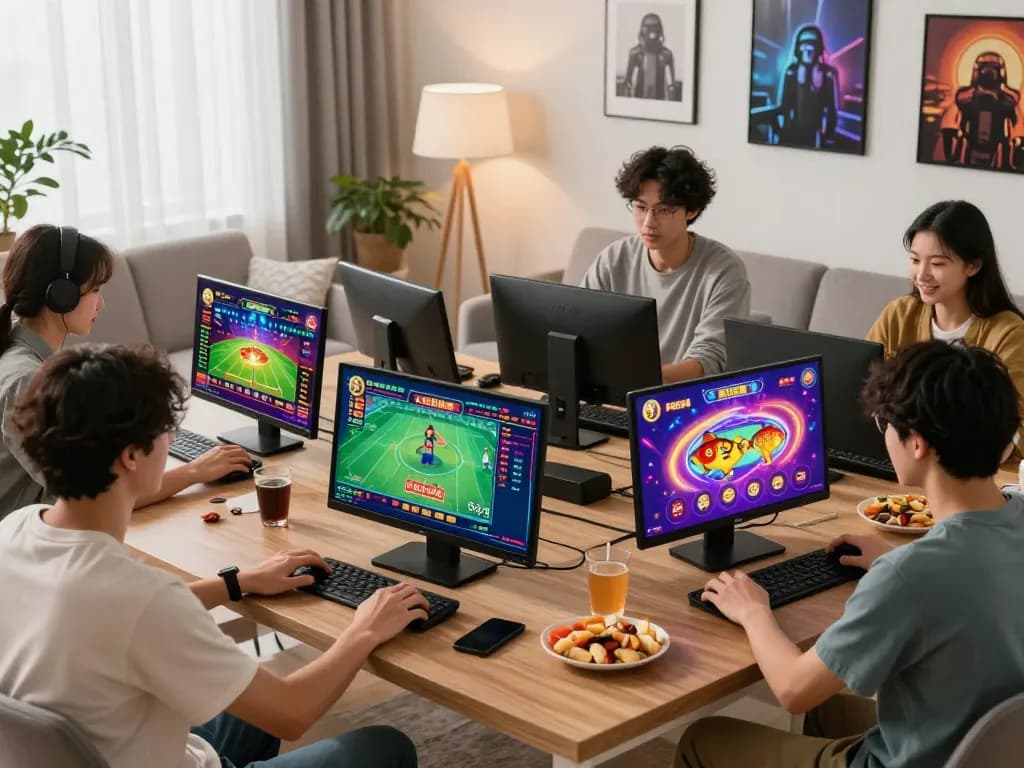 Friends enjoying an online gaming session at home, highlighting tv88's diverse gambling options.