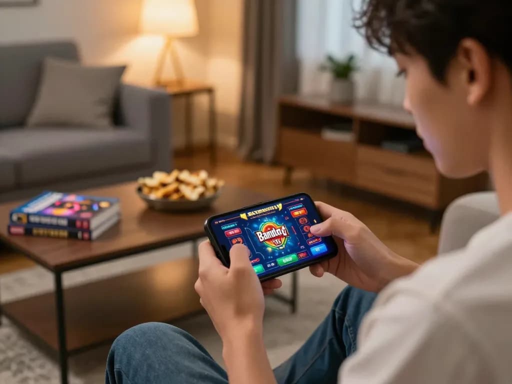 Engaging in bandar togel gameplay on a smartphone in a cozy home setting with visible gaming strategy materials.