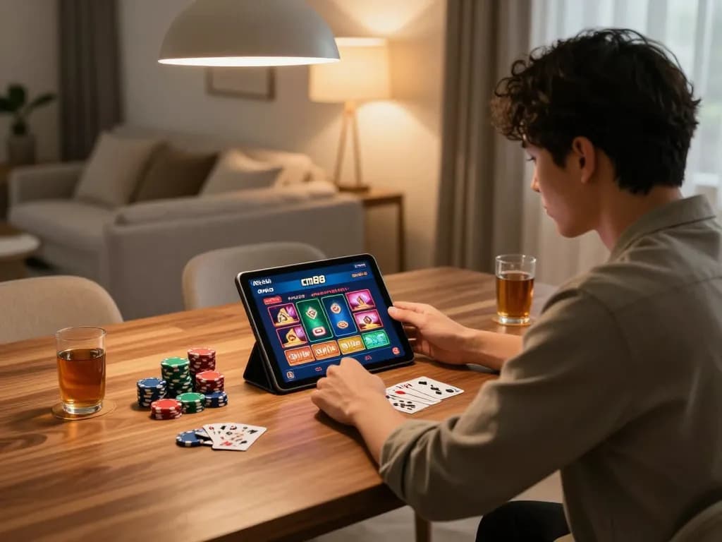 Player exploring nhà cái cm88 online casino on a tablet during a relaxed gaming session at home