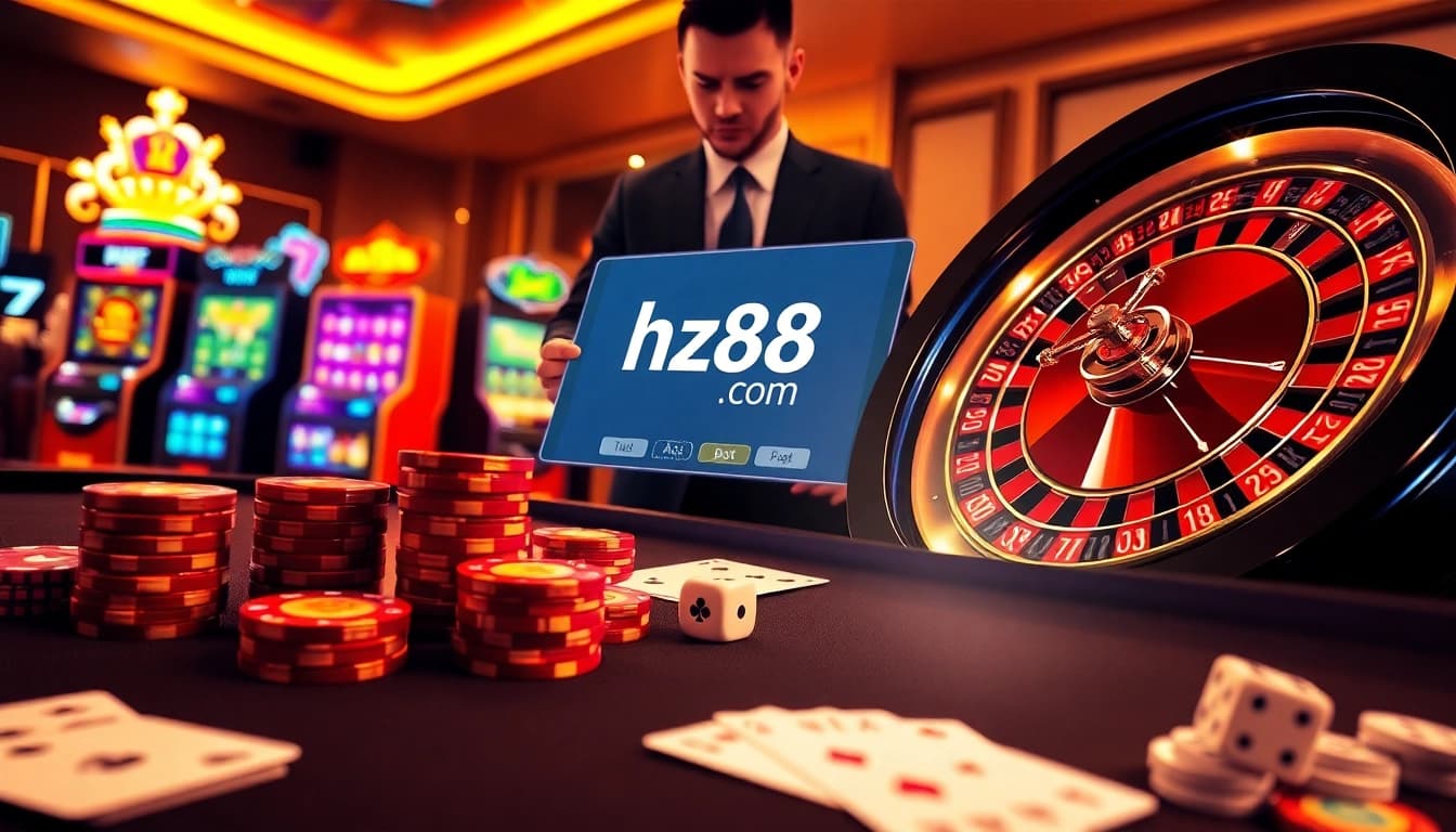 Professional gambler placing strategic bets on hz88.com with poker chips and digital roulette wheel