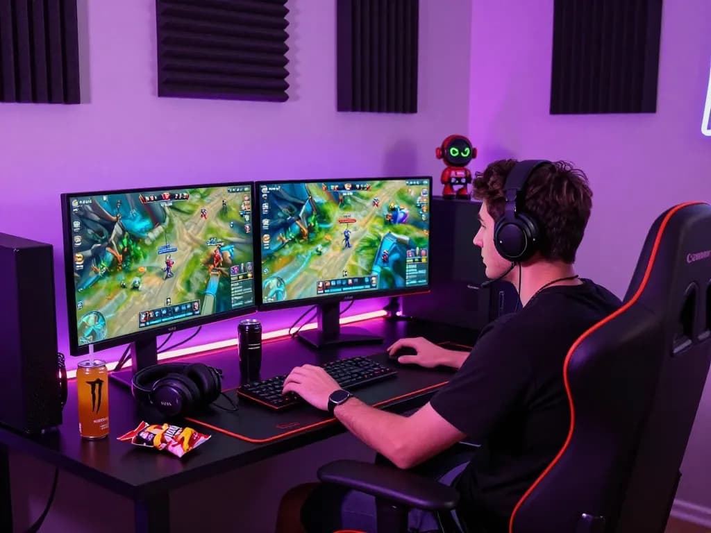 Gamer immersed in online betting experience with winstrike69-themed graphics, dual monitors, and vibrant gaming setup.