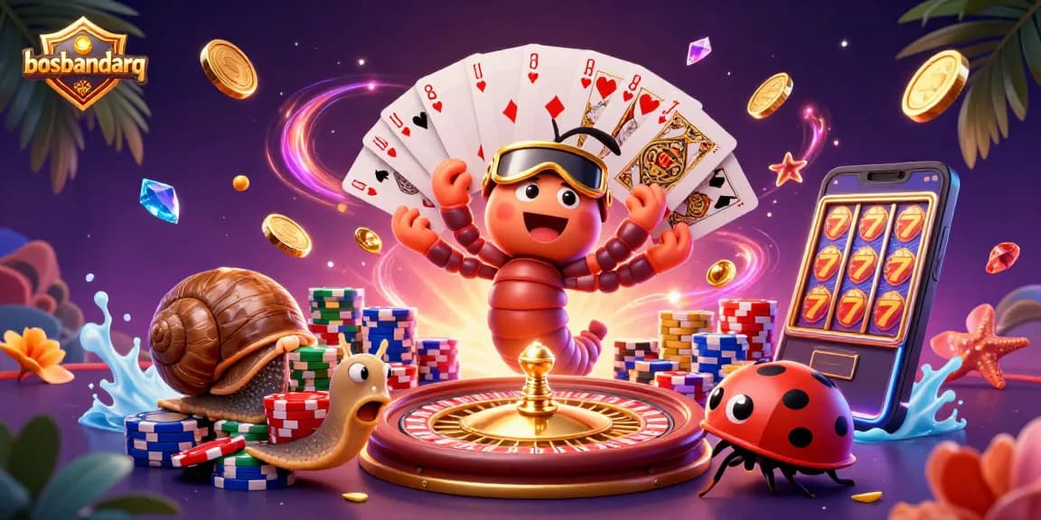 Experience thrilling gaming excitement with bosbandarq's vibrant 3D casino illustration, featuring unique characters and game elements.