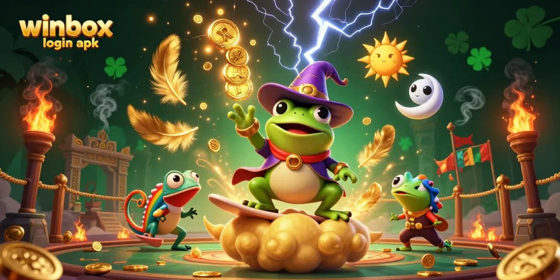 Engage with the exciting winbox login apk featuring a celestial storm of coins and vibrant characters.
