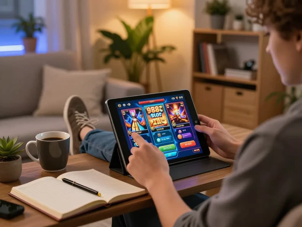 Engaging gameplay on 988slot in a cozy home environment with strategic betting notes.