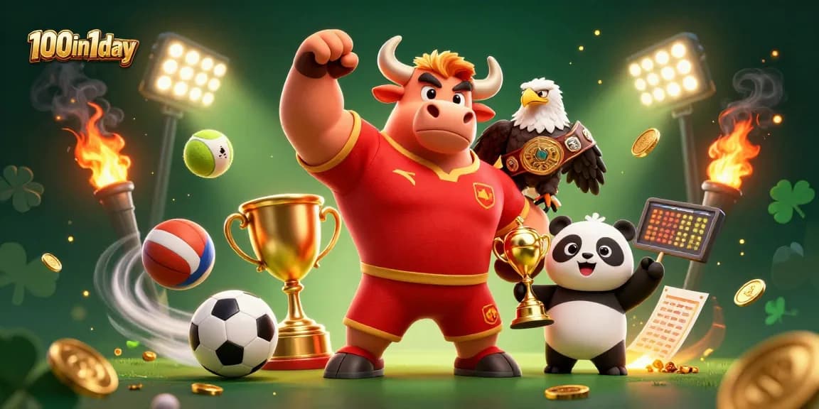 Win big with 100in1day community events, featuring sports elements and a dynamic 3D illustration.