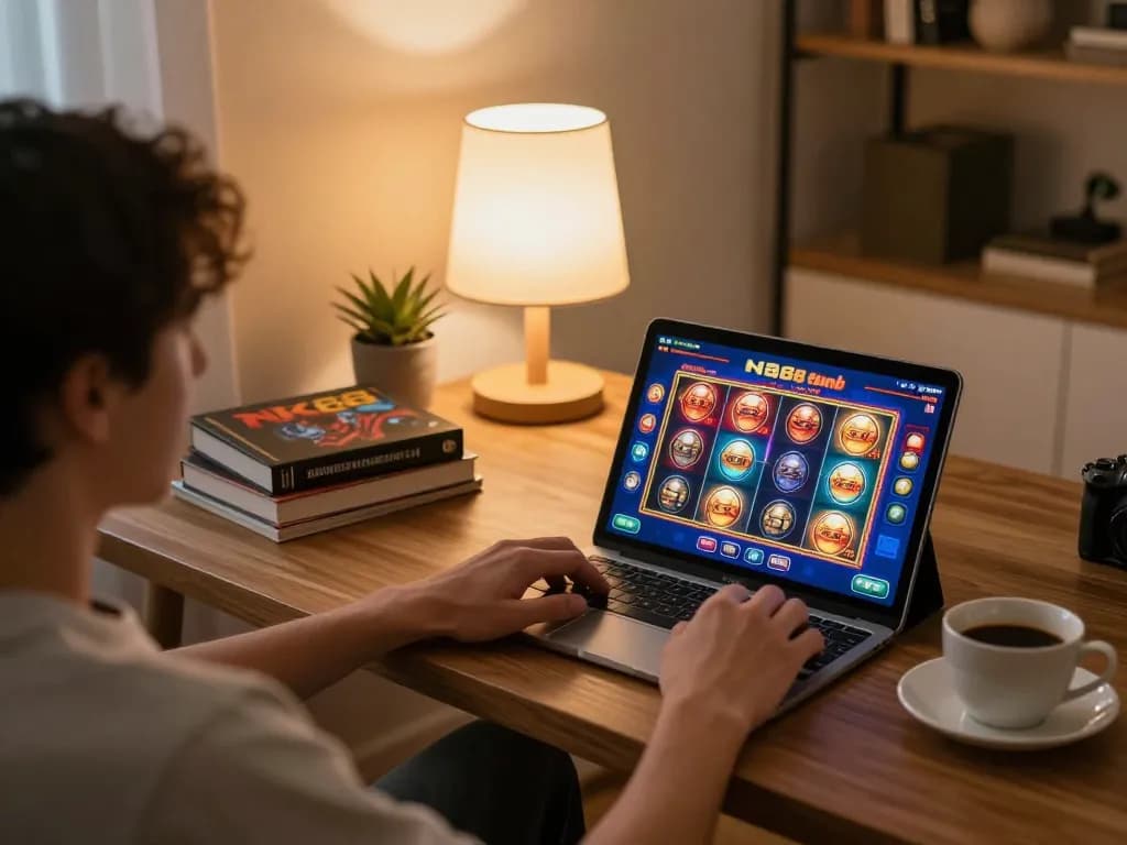 Player enjoying NK88 chính thức gaming experience on a tablet at home, illustrating strategic online gambling.