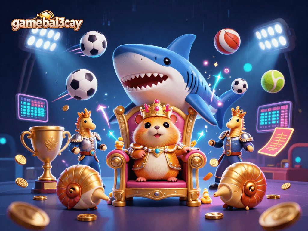 Gamebai3cay combines vibrant 3D casino elements with a hamster king for a dynamic sports betting scene.