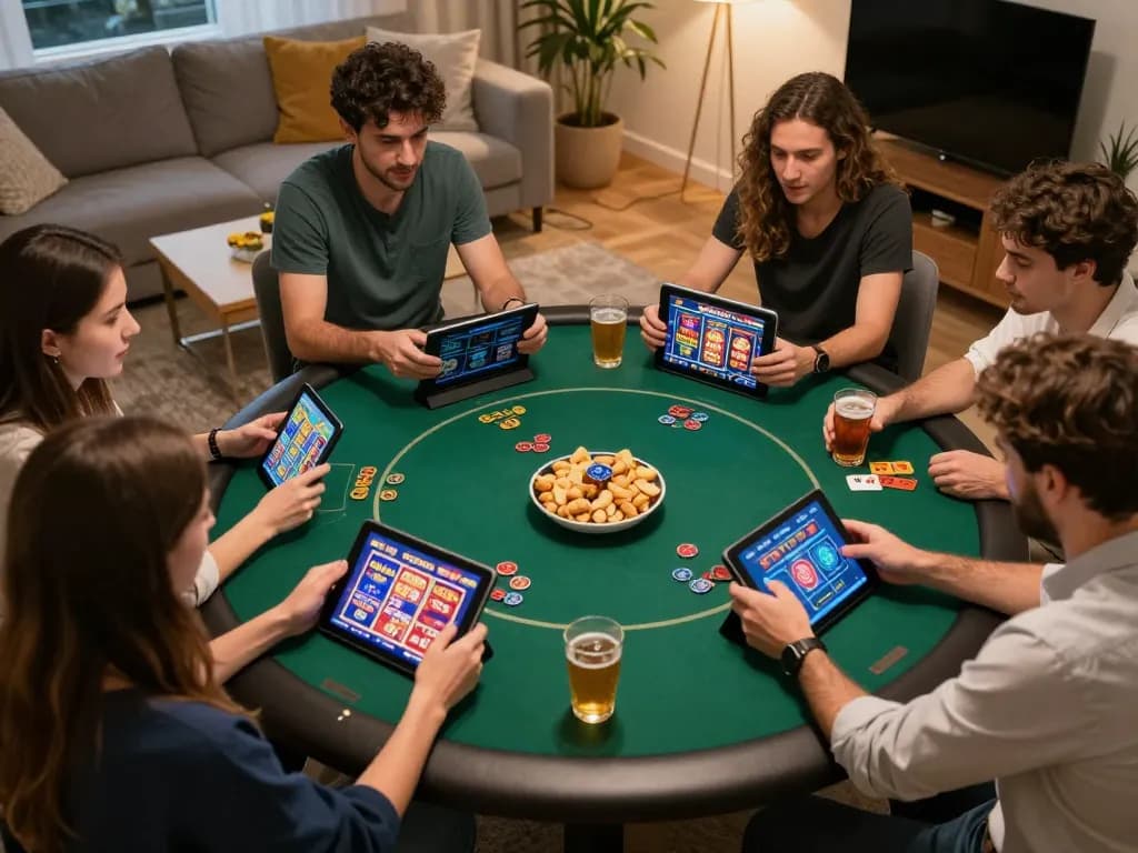 Engaged players enjoying Rikvip online casino games on tablets and smartphones in a cozy living room setting