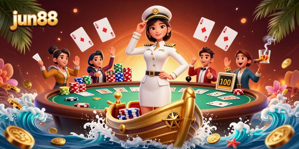 Experience thrilling gameplay with jun88, featuring an Asian female commander on a gold ship, surrounded by poker elements.