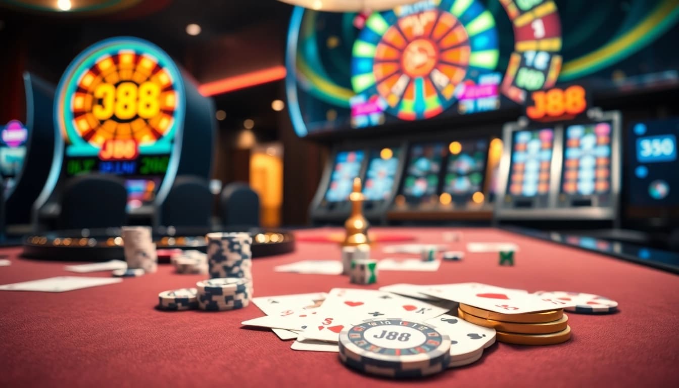 Engaging j88 poker table scene featuring colorful chips and elegant cards in a luxury casino.