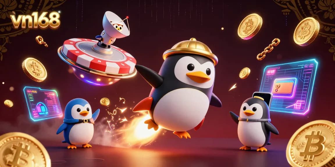 Experience thrilling fun at vn168 with a golden penguin soaring towards a vibrant casino.