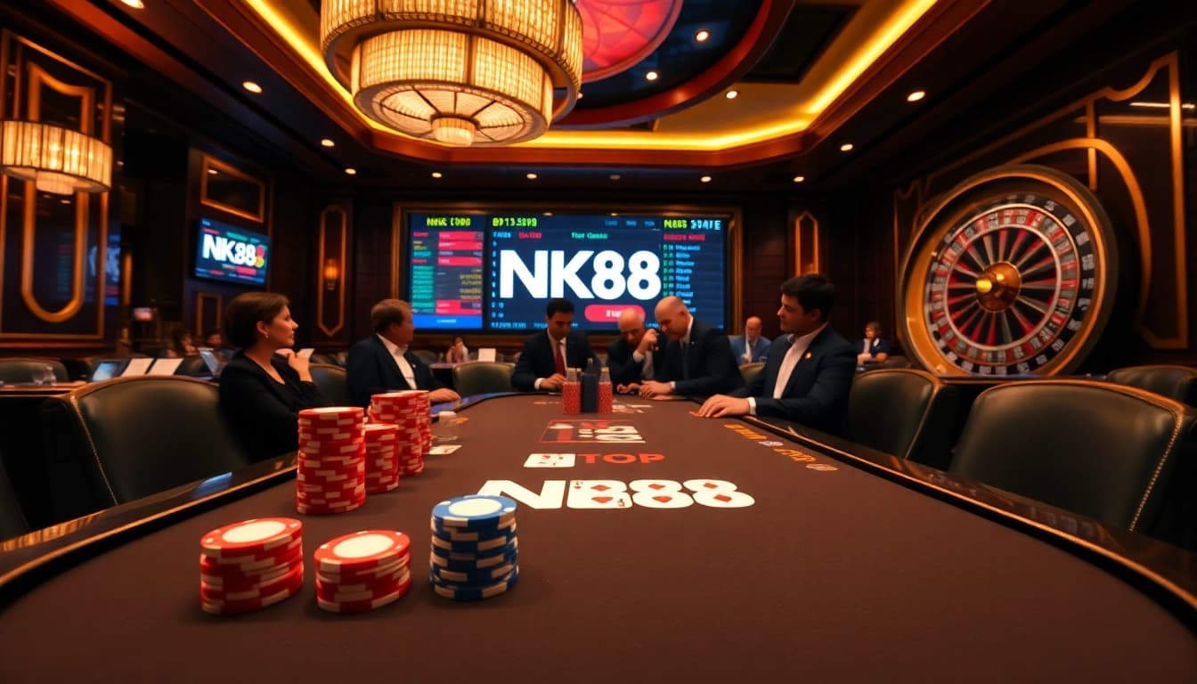 Professional gambler strategizing at the NK88 top poker table with vibrant chips and dynamic betting interface