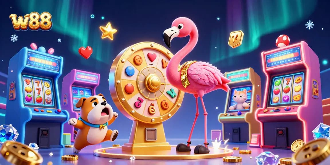 Play exciting slot games with W88 as a flamingo spins the prize wheel, featuring vibrant arcade elements.